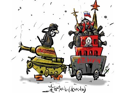 Путин провел парад одного танка. Карикатура А.Петренко: t.me/PetrenkoAndryi